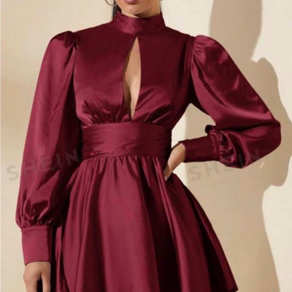 Red A-line Mock Neck Cocktail Dress